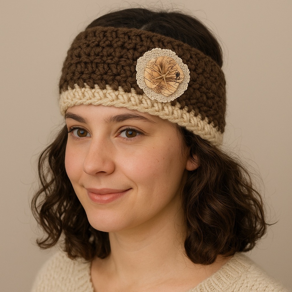 Handcrafted Crochet Brown & Cream Headband With Burlap Flower Accent